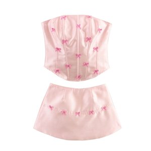 Nuevo Conjunto de 2 Piezas para Mujer, Falda Corta con Espalda Descubierta, Diseño de Espina de Pescado y Lazo, a la Moda - Product Image 4