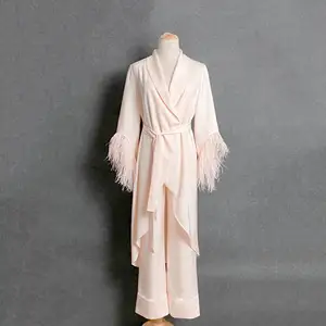 Luxury Long Sleeve Robe Top&Pants Feather Pajamas Set Belted Satin Kimono Bathrobe with Sash Feathers Sleepwear Robe