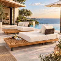 Canapé modulaire d'extérieur en teck de luxe avec chaise longue et dossier en osier