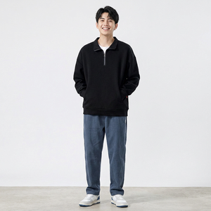Autumn Winter <b>Mock</b> <b>Neck</b> Cropped Heavyweight 100% Cotton Hoodie for Men Vintage High Street Style Anti-Pilling Customizable - Product Image 1