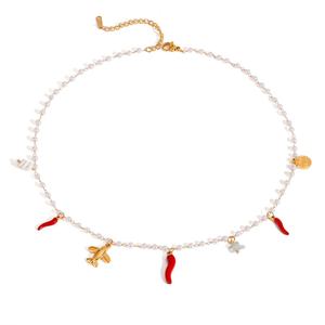 Collar de Perlas de Acero Inoxidable Chapado en Oro de 18K, Collar de Moda con Perlas Geométricas de Avión y Chiles, Joyería - Product Image 1