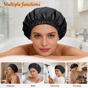 Bonnets <span class=keywords><strong>de</strong></span> Douche Réutilisables en Satin <span class=keywords><strong>de</strong></span> Luxe Imperméables pour Femmes, Bonnets <span class=keywords><strong>de</strong></span> Douche à Double Couche avec Conception Élastique pour Toutes les Coiffures - Product Image 4