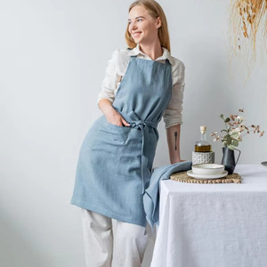 Delantal Desechable de Lino Natural Azul Polvoriento con Mangas y Bolsillos, Suave, Color Personalizado, Talla Única para Mujeres y Hombres, Uso en Restaurantes - Product Image 1