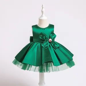 2023 chính thức sơ sinh Quần áo trẻ em rắn đính cườm satin Toddler Dresses cô gái không tay bóng áo choàng bé tutu Ăn mặc