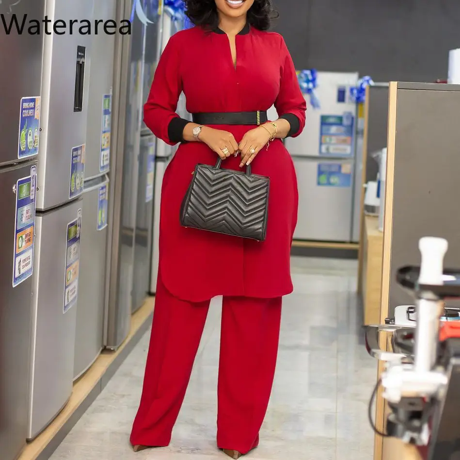 Waterarea 2022 Autumn Long Sleeve Long Top and Wide Leg Pant Casual Two 2 Piece Set for Women Elegant African Clothes Pant Suit