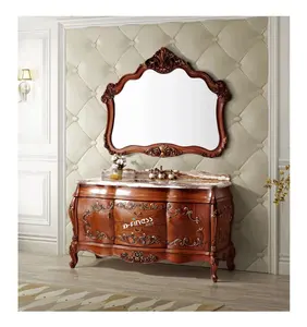 European Style Antique Cabinet Wooden Marble Stone Countertop Floor Mounted Solid Wood Vanity