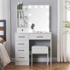 Juego <span class=keywords><strong>de</strong></span> maquillaje <span class=keywords><strong>de</strong></span> <span class=keywords><strong>tocador</strong></span> con espejo deslizante con luz, armario <span class=keywords><strong>de</strong></span> almacenamiento, cajones y taburete acolchado blanco - Product Image 1