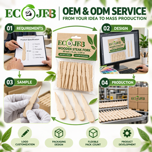 Fourchette à steak en bois naturel de 90 mm, mini-pique à apéritif jetable avec emballage de détail personnalisé pour supermarchés et importateurs - Product Image 5