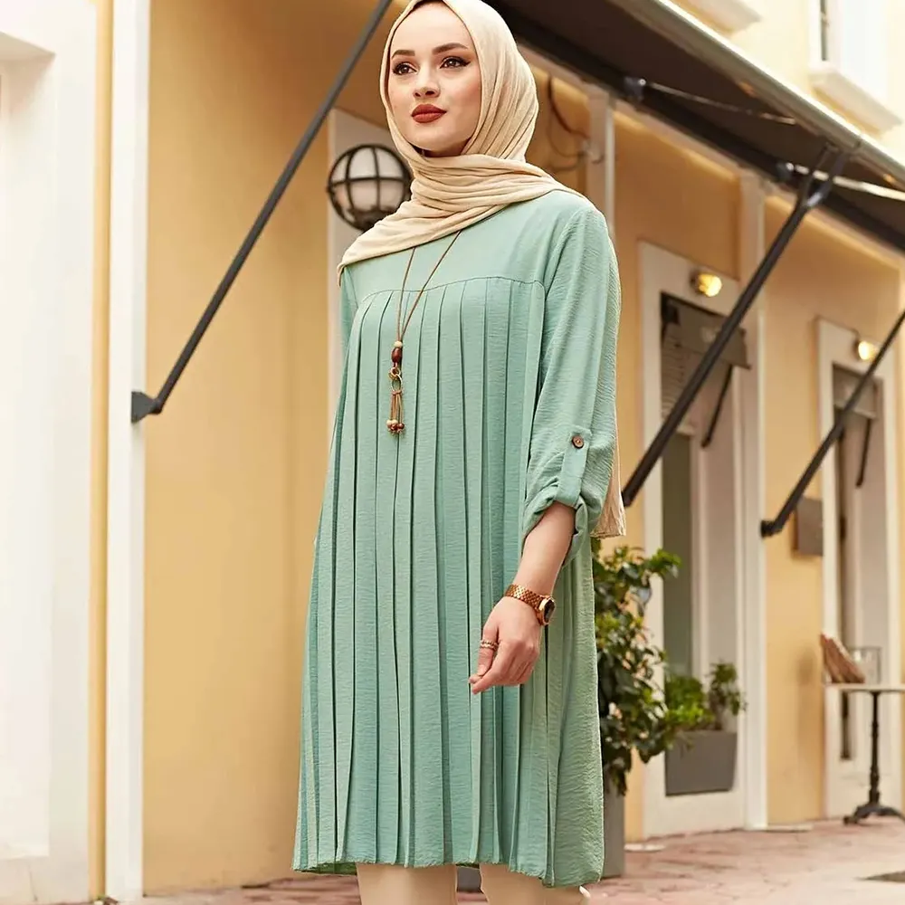 LLEID 5XL प्लस आकार abaya pleated मुस्लिम बहुरंगा आकस्मिक baju मुस्लिम dewasa लंबी आस्तीन अंगरखा मुस्लिम में सबसे ऊपर ब्लाउज इस्लामी