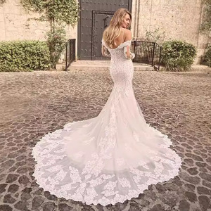 Off The Shoulder <b>Lace</b> Wedding Dress Mermaid Style Sweetheart Neckline Long Sleeve <b>White</b> Vintage Bridal Gown - Product Image 2
