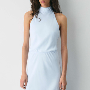 Vestido midi elegante de color azul claro para mujer, sin mangas, con espalda descubierta y lazo en la espalda, vestido de gasa con corte en A, cintura elástica, vestido de fiesta - Product Image 4