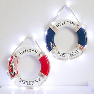 Anneau de sauvetage en bois de style méditerranéen, 30cm, fonctionne à piles avec lumière, décoration murale circulaire pour la maison, pour les chambres d'enfants - Product Image 1