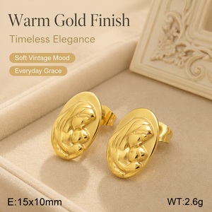 Boucles d'oreilles ovales de luxe en acier inoxydable plaqué or 18 carats avec la Vierge Marie en relief, boucles d'oreilles religieuses haut de gamme pour femmes, vente en gros - Product Image 3