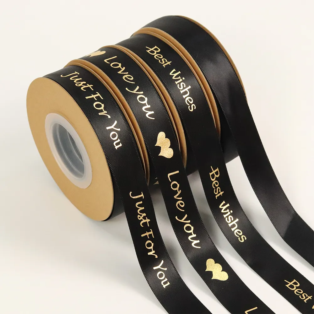 Factory High Quality Satin Grosgrain Customized Brand Name Logo Ribbons 3d Gold Foil Printed Gift Ribbon