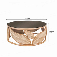 Table basse ronde en rotin tressé à la main, table à thé en osier naturel avec plateau en verre