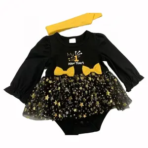 Casual Infant Girl's One-Year-Old Clothing Set Christmas Star Mesh Stitching black Dress for Spring Pullover Closure