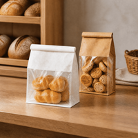 Sac en papier kraft imprimé sur mesure avec fenêtre transparente, fermeture à lien métallique et fond plat pour biscuits, croissants, pain – Emballage en gros
