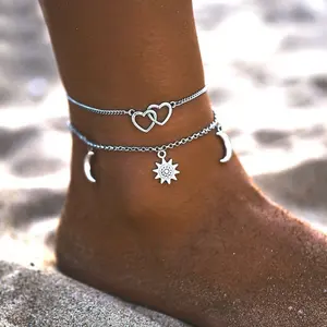 2023 Simples elegante Glitter coração tornozelo moda Sun Moon personalizado tornozeleira Temperamental Meninas Tornozeleiras