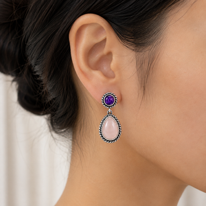 Orecchini pendenti vintage bohémien a goccia d'acqua, colore rosa viola, con bordo floreale, gioielli alla moda per donna - Product Image 5