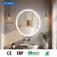 Miroir LED rond Joystar de 24 pouces (60 cm) avec halo lumineux en acrylique, anti-buée, indice de protection IP44, interrupteur tactile pour salon et hôtel