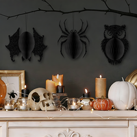 Lot de 3 décorations suspendues en nid d'abeille pour Halloween : hibou, araignée, chauve-souris – Fournitures de fête pour maison hantée, écologiques