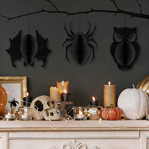Set de 3 Adornos Colgantes de Panal de Abeja para Halloween, con Diseño de Búho, Araña y Murciélago, Decoración de Papel para Fiestas, Suministros para Casa Embrujada - Product Image 6