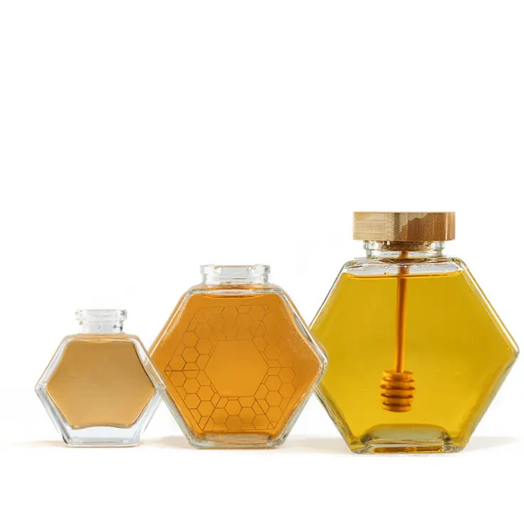 הטוב ביותר דבש דוב צנצנת זכוכית ייחודי דבש צנצנת עם העגלה עץ סיטונאי משושה זכוכית צנצנת דבש