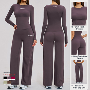 Conjunto de Yoga Personalizado para Mujer, 2 Piezas, <span class=keywords><strong>Top</strong></span> Corto de <span class=keywords><strong>Manga</strong></span> <span class=keywords><strong>Larga</strong></span> <span class=keywords><strong>Deportivo</strong></span> con Leggings de Cintura Alta, Pantalones Acampanados de Tela Suave con Orificios para Pulgares, Ropa Deportiva - Product Image 2