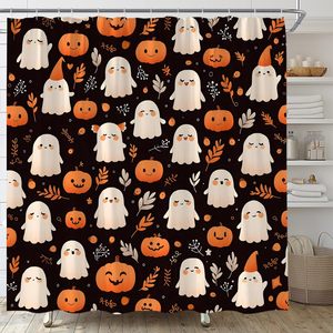 ม่านอาบน้ำผีฮาโลวีนที่ทันสมัยพร้อมฟักทองน่ารักรูปทรงใบไม้ย้อนยุคที่น่ากลัวของตกแต่งบ้านทำจากโพลีเอสเตอร์สำหรับห้องน้ำมีในสต็อก - Product Image 2