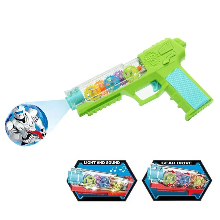 New Design Kids Electric Transparent Gear Revolve toy gun projection gear gun with Lamplight and Sound