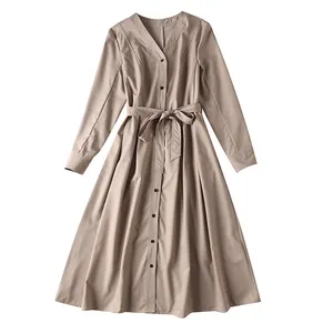 Hot Fashion Solid Color V-neck Single-breasted Long-sleeve Belted Waist Dress Autumn Long Shirt Dress
