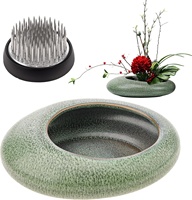 Kit Kenzan Bunga Ramah Lingkungan Berlapis Glaze Jepang, Pot Mangkuk Plastik Putih 5,35 Inci, Kenzan 1,57 Inci untuk Rangkaian Bunga di Rumah