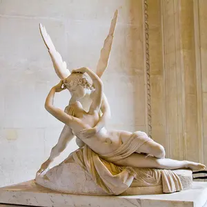 Natural Stone White Marble Eros And Psyche Statue Revived By Cupid Kiss Sculpture