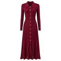 Robe midi en maille unie à manches courtes, col mandarin, boutonnée sur le devant, couleur bordeaux, style décontracté printemps, coupe ajustée, plissée naturellement