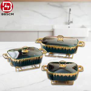 Plat de service rectangulaire doré en céramique, plaque chauffante de luxe pour table, pot à soupe sèche pour hôtel, support pour casserole - Product Image 2