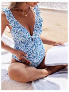 Traje de baño de maternidad para mujer Ditsy Floral Deep V Neck Backless Ruffle Trim <span class=keywords><strong>Embarazo</strong></span> Traje de baño de una pieza - Product Image 2