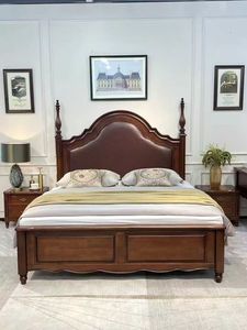 American Luxury Solid Wood Sleigh <b>Bed</b> <b>Queen</b> <b>Size</b> Genuine Leather Upholstered Traditional Hand Carved Master Bedroom Furniture - Product Image 3