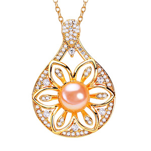 Collar de Perlas Redondas de Agua Dulce de 9 mm de Zhuji Pearl Wholesale, Colgante de Perlas con Cadena de Cobre Chapado en Oro y Circonita, Collares Finos con Colgante - Product Image 5