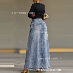 Nouvelle <span class=keywords><strong>jupe</strong></span> <span class=keywords><strong>longue</strong></span> en jean déstructuré taille haute 2026, coupe trapèze à fente irrégulière, style avant-gardiste chic urbain streetwear - Product Image 2