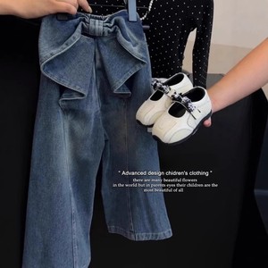 Girls Korean Style Bow Knot Denim Pants Blue Cotton Woven Childrens Pants Spring Fashion - Product Image 1
