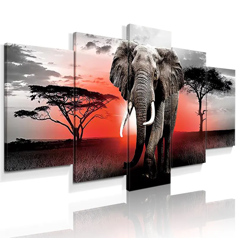 5 Panels Wilde Elefanten Tiere Afrikanische Grasland schaften Landschafts malerei Drucke auf Leinwand