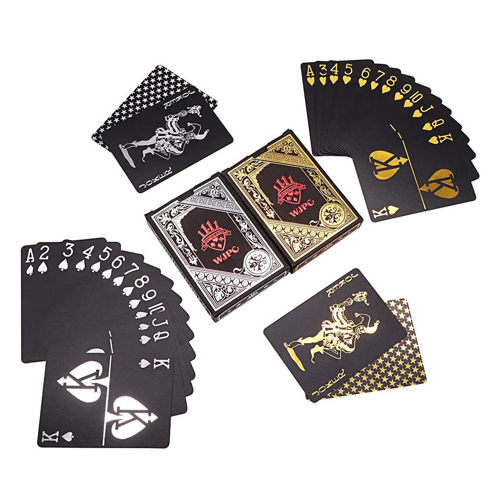 사용자 정의 디자인 PVC 플라스틱 포커 데크 전면 및 후면 인쇄 로고 블랙 및 골드 방수 승화 상자 카드 놀이