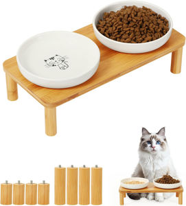 Support de gamelle surélevé pour chat en bambou moderne, poli, écologique et réglable, avec assiettes en céramique – Table d'alimentation surélevée pour animaux de compagnie - Product Image 4