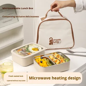 Set Bento Box in Acciaio Inox con Coperchio, Riscaldabile in <span class=keywords><strong>Microonde</strong></span>, <span class=keywords><strong>Contenitori</strong></span> per Alimenti per Bambini con Borsa Termica - Product Image 4