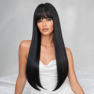 Perruque en <span class=keywords><strong>cheveux</strong></span> synthétiques avec <span class=keywords><strong>frange</strong></span>, 24 pouces, noire naturelle avec racines brunes et pointes brunes, perruques naturelles dégradées avec mèches - Product Image 5