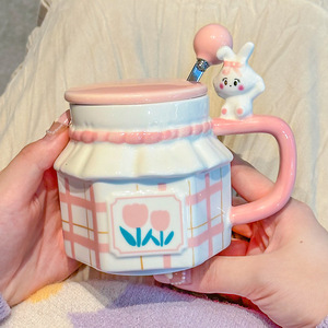 Zuo Mu Ceramic <b>Mug</b> <b>With</b> <b>Lid</b> And Handle Tulip Bunny Design For Women Students Office Use Reusable Gift Cup - Product Image 3