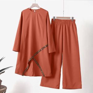 <span class=keywords><strong>HANO</strong></span>, venta al por mayor, nueva camisa de manga larga de Color sólido para mujer, pantalones de pierna ancha, conjunto informal de dos piezas musulmán, Top y pantalones, traje musulmán - Product Image 5