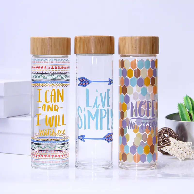 Vaso de cristal a rayas de colores con logotipo personalizable, vaso de cristal de una sola capa con tapa de madera, regalo de promoción de publicidad