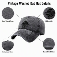 Casquette de baseball personnalisée en sergé 100 % coton, effet vieilli, non structurée, profil bas, 6 panneaux, visière incurvée, style sportif
