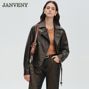 JANVENY 2024 printemps automne Faux <span class=keywords><strong>cuir</strong></span> lavé veste femmes à manches longues revers col Locomotive PU <span class=keywords><strong>Imitation</strong></span> <span class=keywords><strong>cuir</strong></span> <span class=keywords><strong>manteau</strong></span> court - Product Image 3
